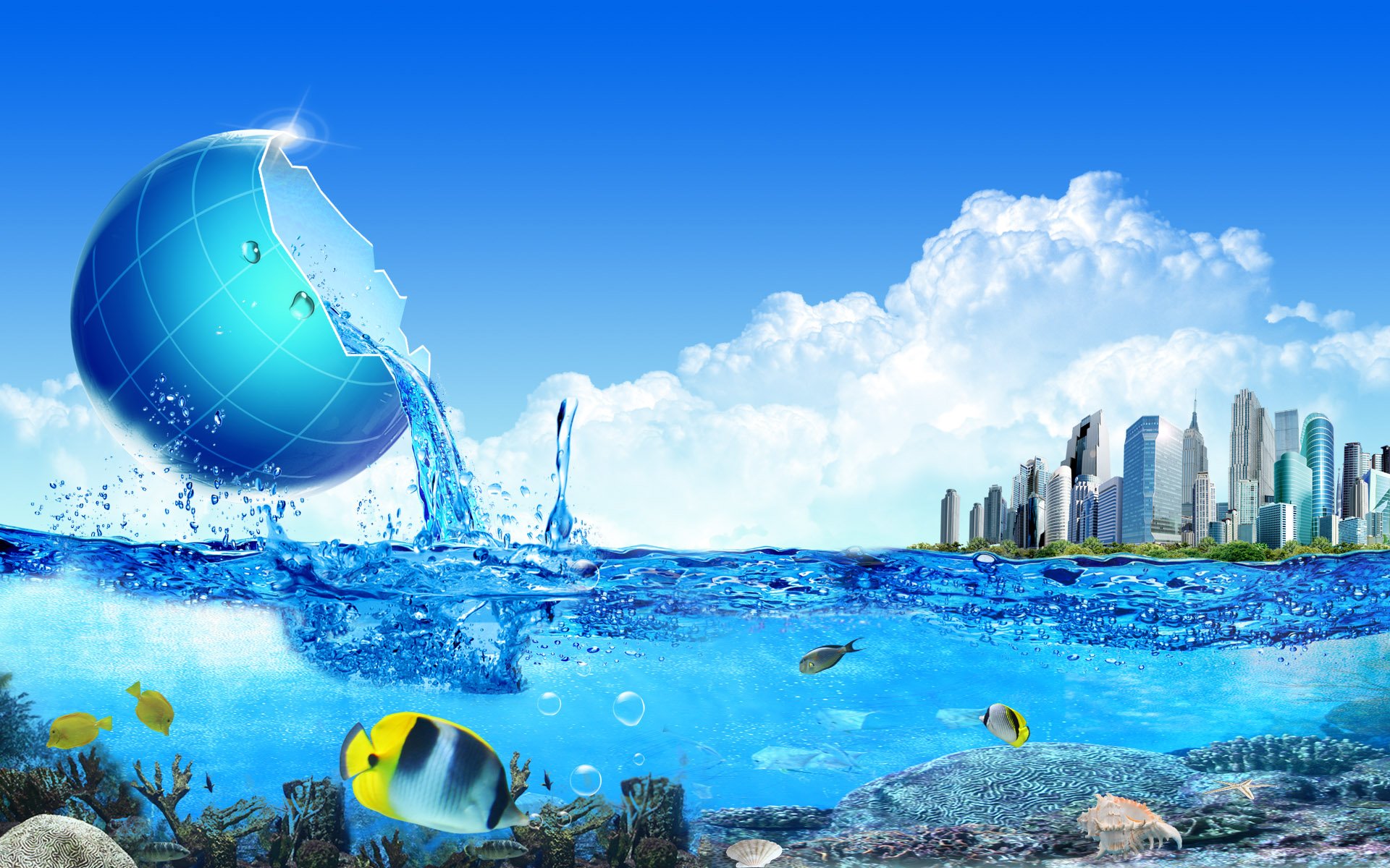 Artistic HD PC desktop wallpaper/background: surreal ocean with a cracked globe splashing, tropical fish and coral reef, and a distant city skyline beneath a bright blue sky.