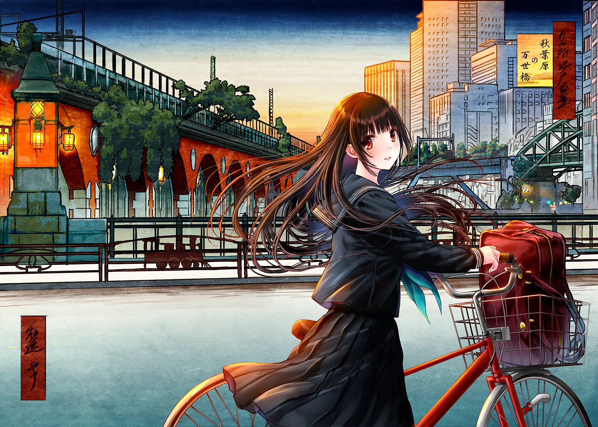 Anime-style HD PC desktop wallpaper depicting a girl in a school uniform with flowing hair riding a red bicycle along a vibrant cityscape blending traditional and modern elements.