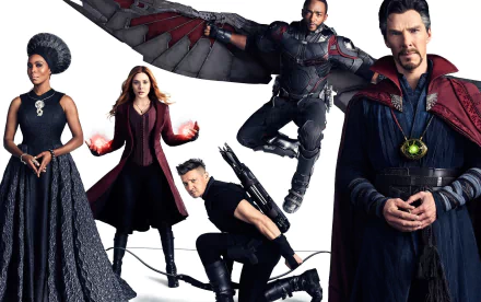 HD wallpaper featuring Marvel characters Scarlet Witch, Hawkeye, Falcon, and Doctor Strange from Avengers: Infinity War.