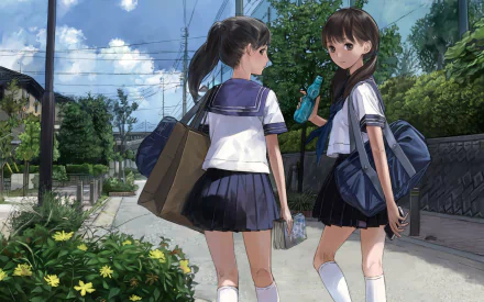 Anime, girl, anime girl — two schoolgirls in sailor uniforms walk on a sunlit street carrying bags; 2K Quad HD PC desktop wallpaper/background.