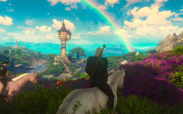 HD PC desktop wallpaper featuring Geralt of Rivia from The Witcher 3: Wild Hunt - Blood and Wine, riding a white horse under a vibrant rainbow in a lush, colorful landscape.