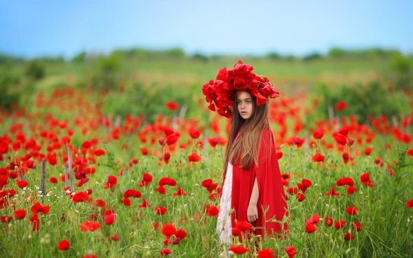 Photography Child Little Girl Depth Of Field Summer Brunette Poppy Red Flower Flower Wreath HD Wallpaper | Background Image