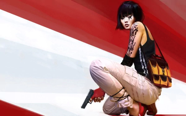 A striking HD wallpaper from the video game Mirror's Edge, featuring a dynamic character poised in an action-ready stance against a bold red background.