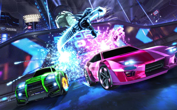 A vibrant HD desktop wallpaper featuring dynamic cars from Rocket League, showcasing intense gameplay with colorful action and a futuristic arena backdrop.