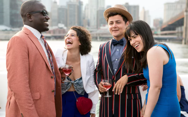 HD desktop wallpaper of Broad City characters laughing together with a cityscape backdrop.