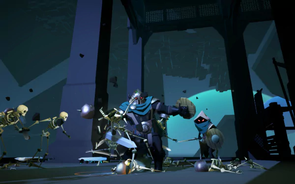 A visually striking HD wallpaper from the video game Necropolis, featuring a powerful character battling skeletons in a dark, atmospheric setting.