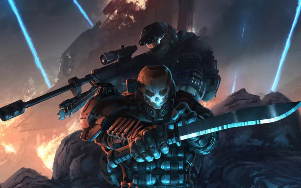 HD desktop wallpaper featuring Jun-A266 and Emile-A239 from the sci-fi video game Halo, set against a dramatic, futuristic battlefield background with energy beams illuminating the dark sky.