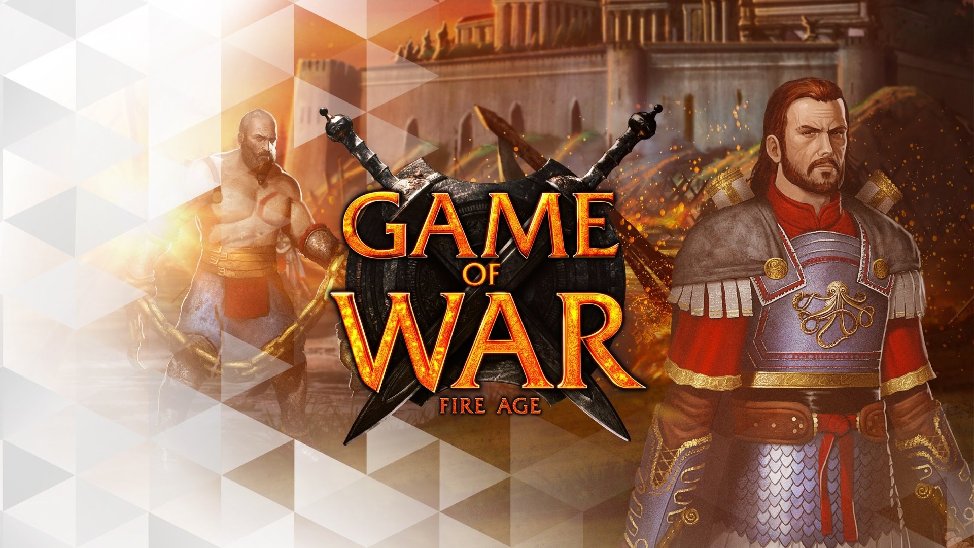 HD desktop wallpaper featuring Game of War - Fire Age logo with an illustration of warriors in combat armor.