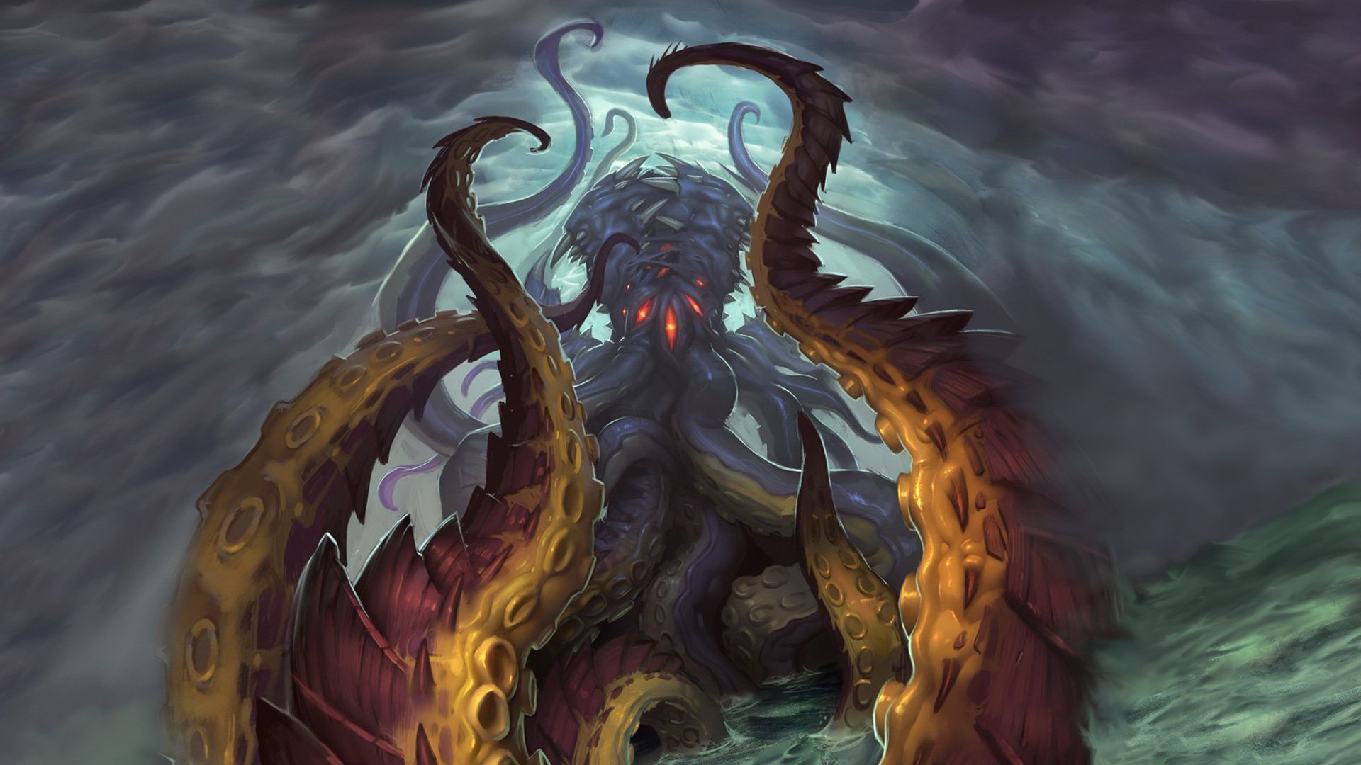 Hearthstone: Heroes of Warcraft HD desktop wallpaper featuring a menacing creature with glowing eyes and tentacles.
