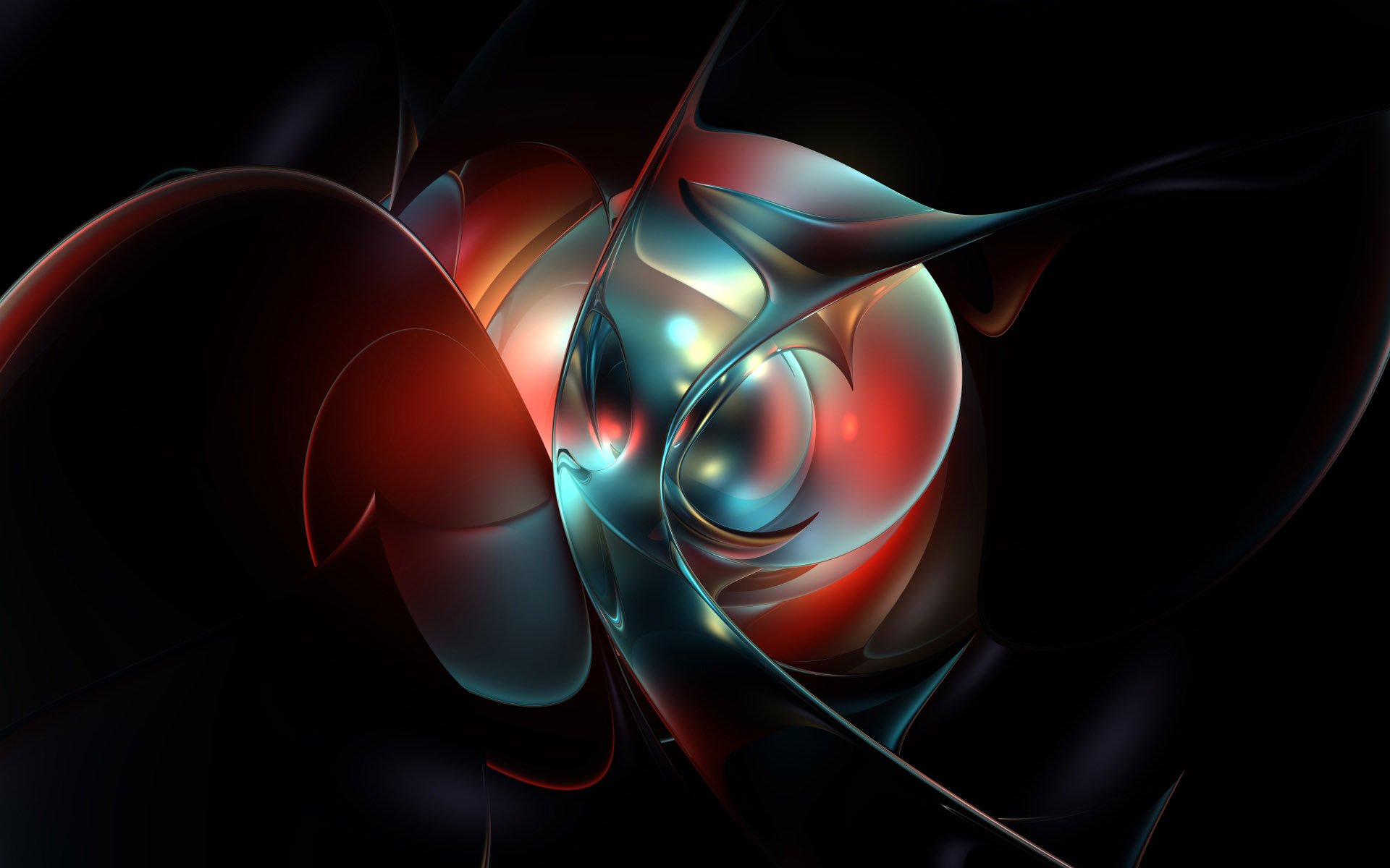 A vibrant 3D CGI digital art piece featuring abstract, smooth shapes with glowing red and blue highlights against a dark background, designed as an HD PC desktop wallpaper.