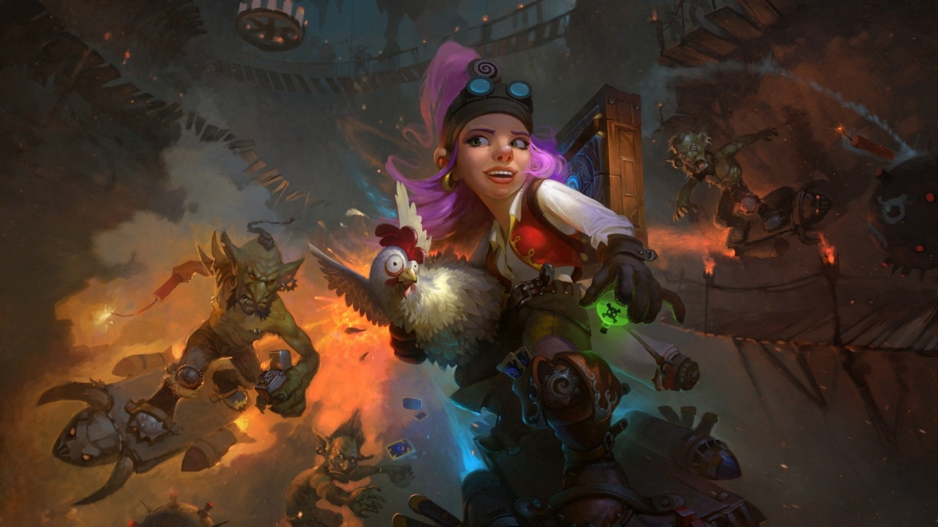 HD desktop wallpaper featuring a Hearthstone: Heroes of Warcraft character poised for action in a dynamic, fantasy-themed setting.