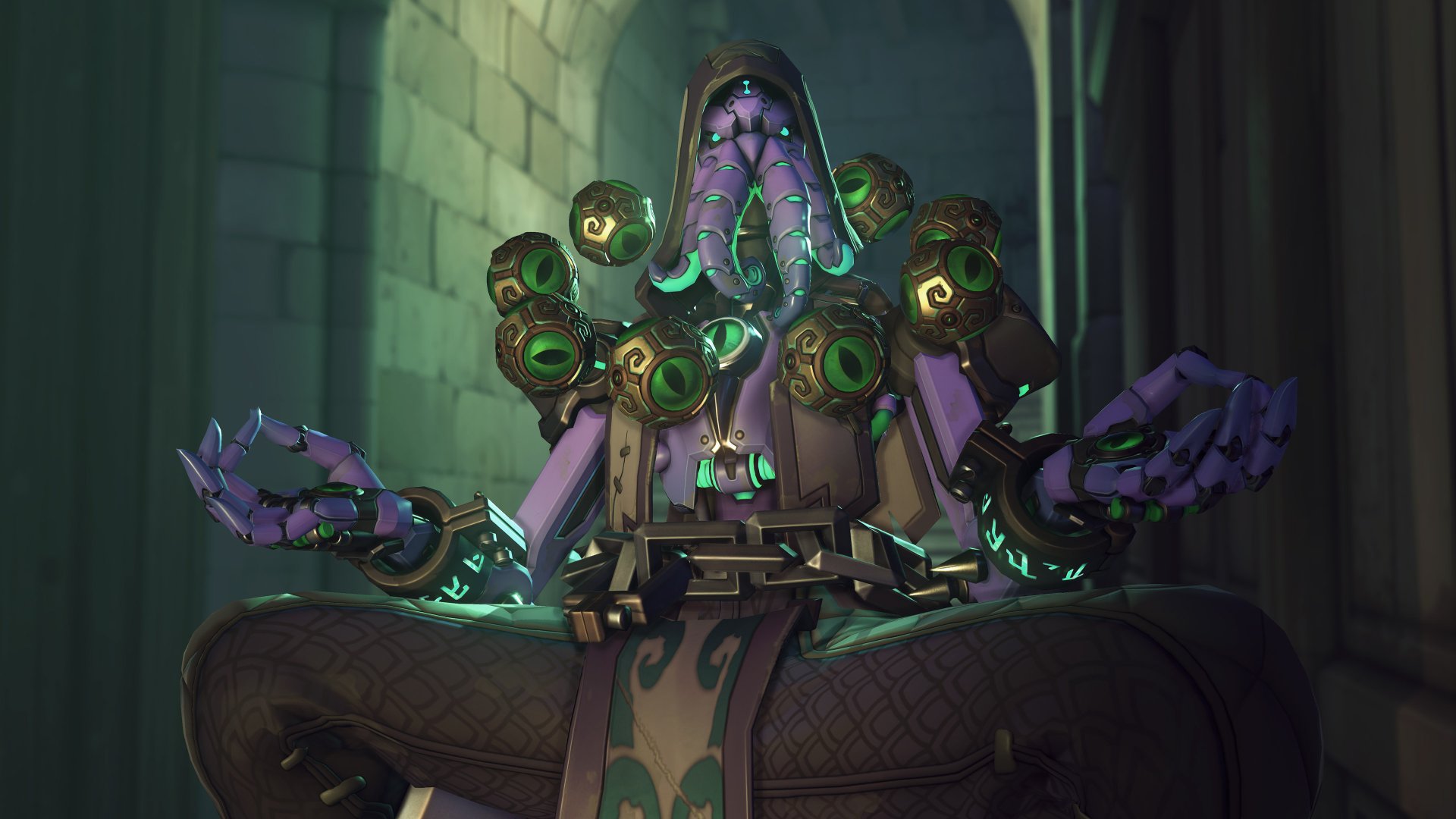 4K Ultra HD PC desktop wallpaper featuring Zenyatta from the video game Overwatch in a meditative pose with glowing orbs floating around him.