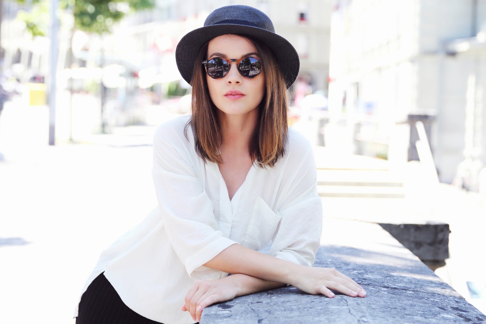 Download Depth Of Field Hat Sunglasses Brunette Woman Model HD Wallpaper by Paola Jegher
