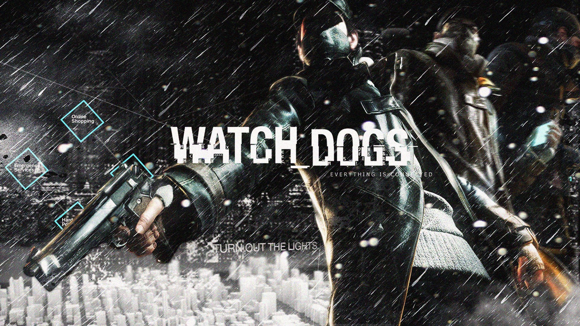 HD PC desktop wallpaper featuring Watch Dogs characters in a rainy, dark urban setting with digital and hacking-themed graphics.