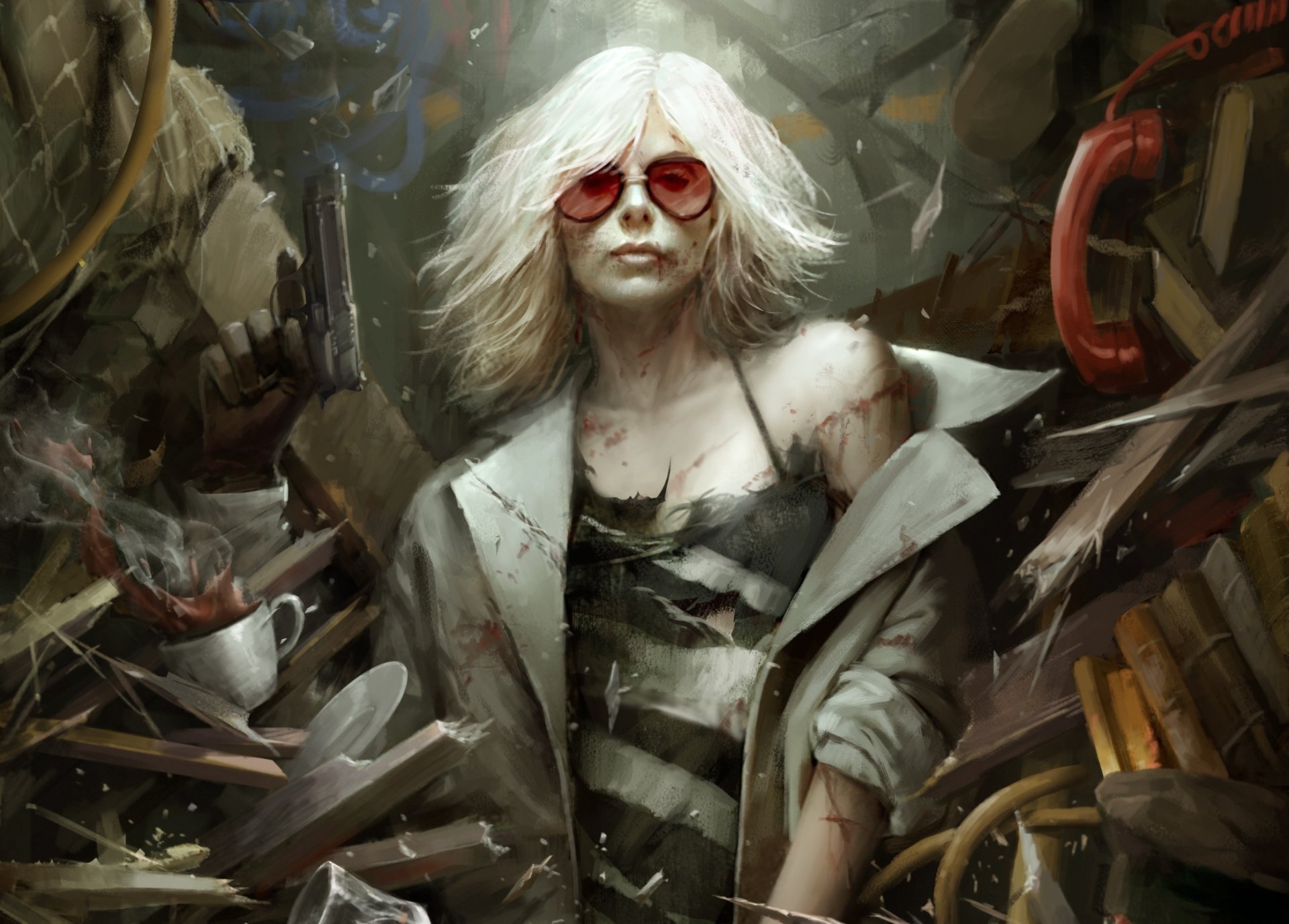 HD desktop wallpaper of a white-haired woman warrior from the movie Atomic Blonde, wearing sunglasses and holding a gun amidst a chaotic background.