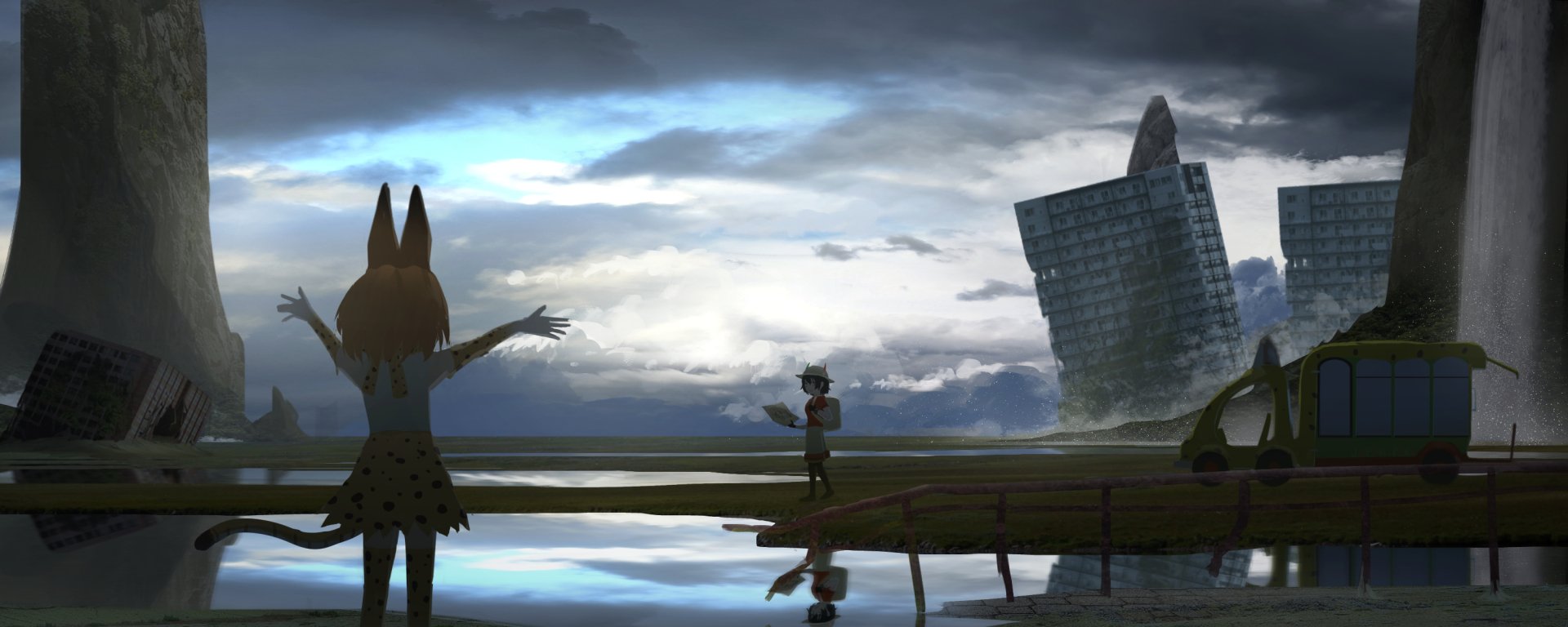 Serval and Kaban (Kemono Friends) on an HD PC desktop wallpaper and background: silhouettes by reflective water, dramatic cloudy sky and a leaning skyscraper.