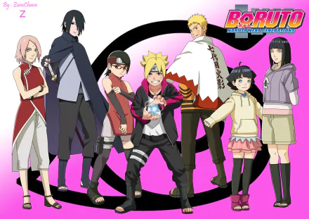 HD desktop wallpaper featuring Boruto Uzumaki and main characters from Boruto: Naruto Next Generations including Hinata Hyuga, Sakura Haruno, Sarada Uchiha, and Naruto Uzumaki, all dressed as ninjas.