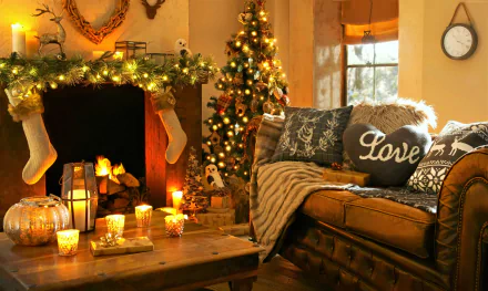 A cozy living room decorated for Christmas with a fireplace, stockings, and a Christmas tree. A sofa with holiday-themed pillows and a table with candles add warmth to the festive scene. HD desktop wallpaper.