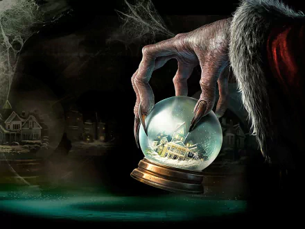 A dark fantasy winter scene from a Krampus movie features a clawed hand holding a snow globe with a snowy house inside, set against a shadowy, eerie background.