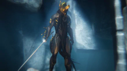 HD PC desktop wallpaper featuring a Warframe character engulfed in flames, standing in a dark, mysterious environment from the video game Warframe.