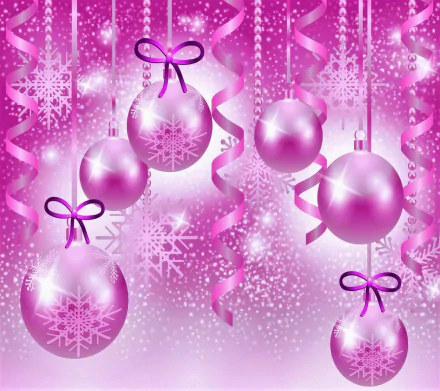 HD Christmas wallpaper featuring purple and pink ornaments, sparkling ribbons, and snowflake patterns for a festive holiday atmosphere.