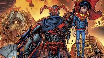 HD PC desktop wallpaper featuring Jon Kent as Superboy alongside Superman and Steppenwolf, set in an intense DC Comics Justice League battle scene.