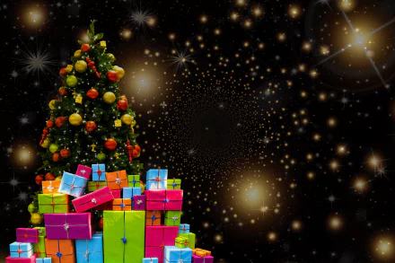 HD PC desktop wallpaper featuring a decorated Christmas tree surrounded by colorful gift boxes and glowing holiday ornaments against a sparkling festive background.