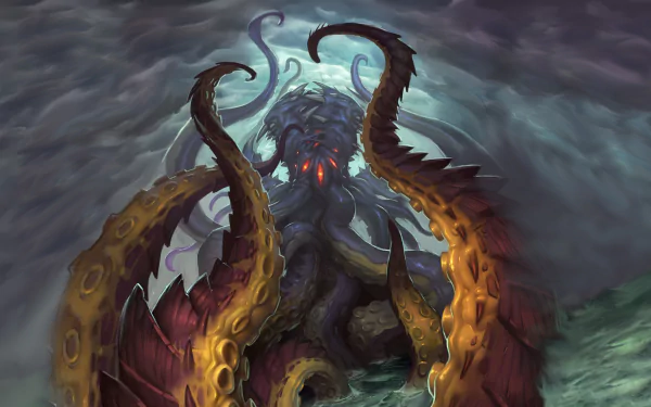 Hearthstone: Heroes of Warcraft HD desktop wallpaper featuring a menacing creature with glowing eyes and tentacles.