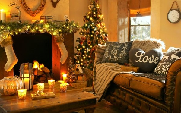 Holiday Christmas Living Room Christmas Tree Decoration Stocking Fireplace HD Wallpaper | Background Image
