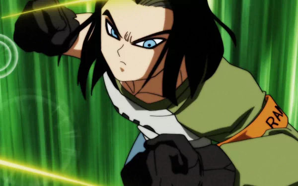 HD desktop wallpaper featuring Android 17 from Dragon Ball Super in fierce action, set against a dynamic green background.