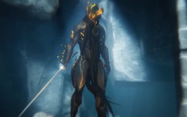 HD PC desktop wallpaper featuring a Warframe character engulfed in flames, standing in a dark, mysterious environment from the video game Warframe.
