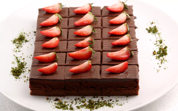 5K Ultra HD PC desktop wallpaper and background: rich chocolate brownie dessert topped with sliced strawberries arranged in rows on a white plate, garnished with green crumbs.