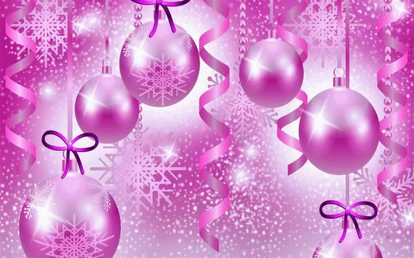 HD Christmas wallpaper featuring purple and pink ornaments, sparkling ribbons, and snowflake patterns for a festive holiday atmosphere.