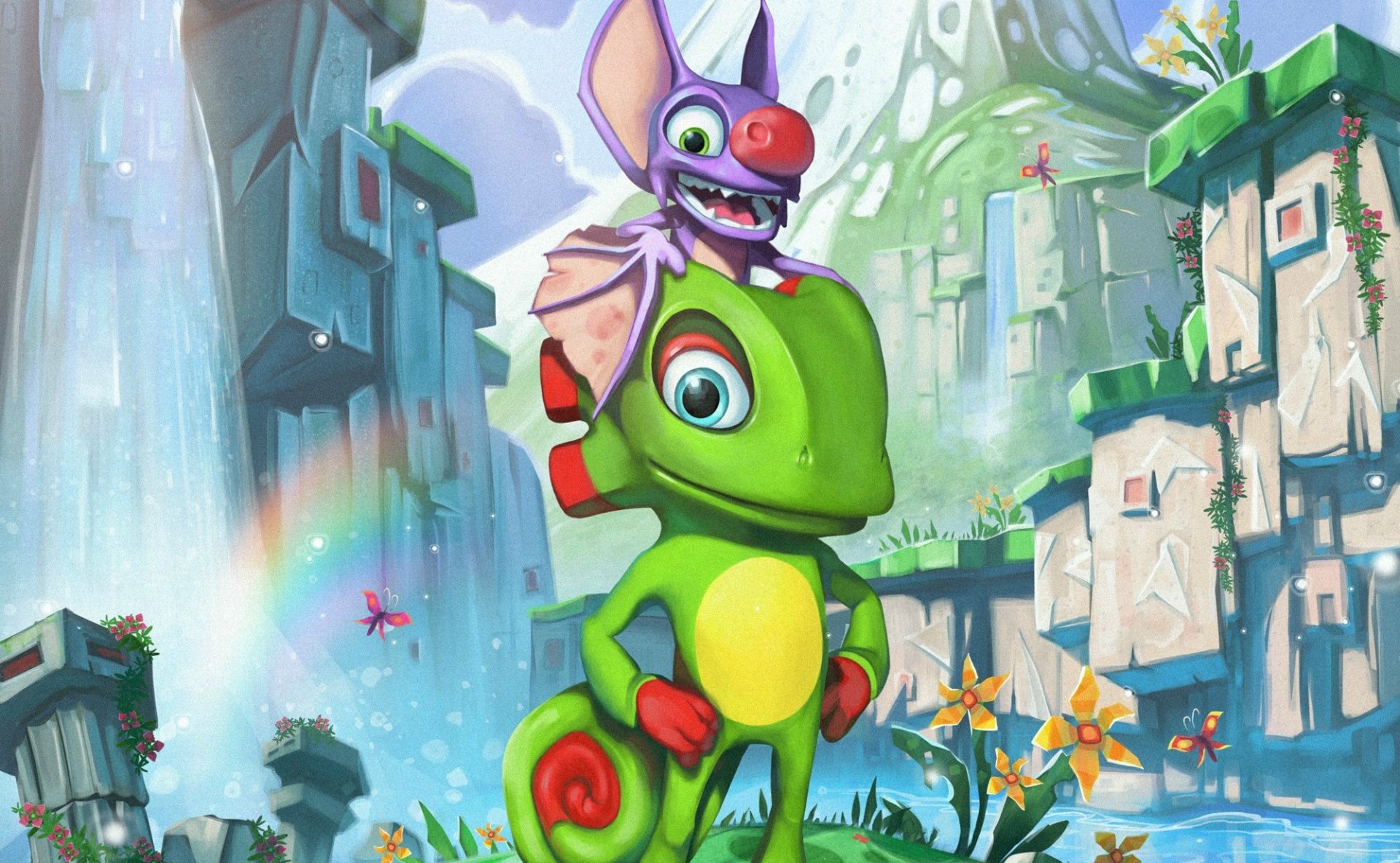HD desktop wallpaper featuring Yooka-Laylee characters in a vibrant, whimsical landscape.
