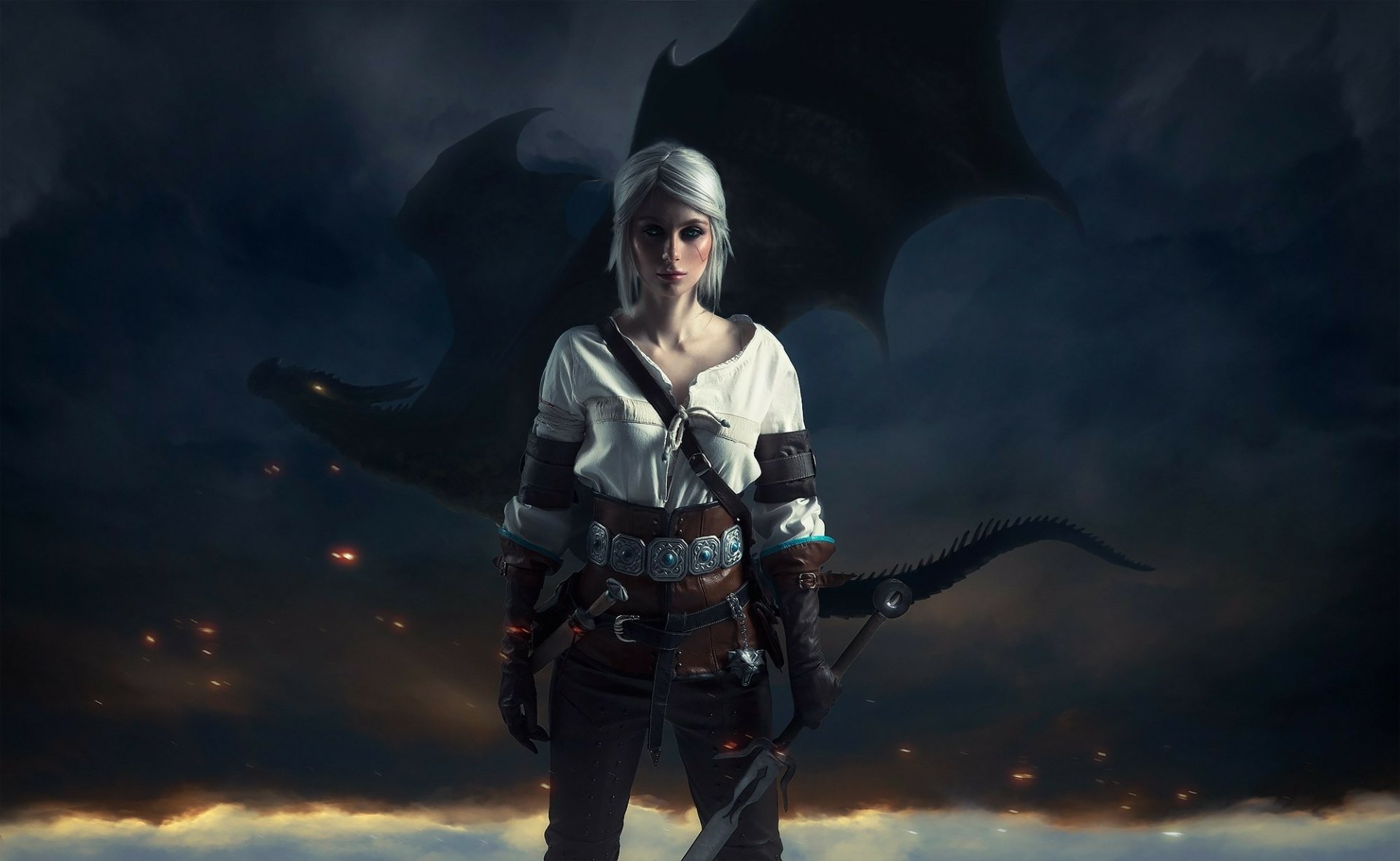 HD PC desktop wallpaper featuring a woman cosplaying Ciri from The Witcher 3: Wild Hunt, set against a dark, dramatic background with a dragon silhouette.