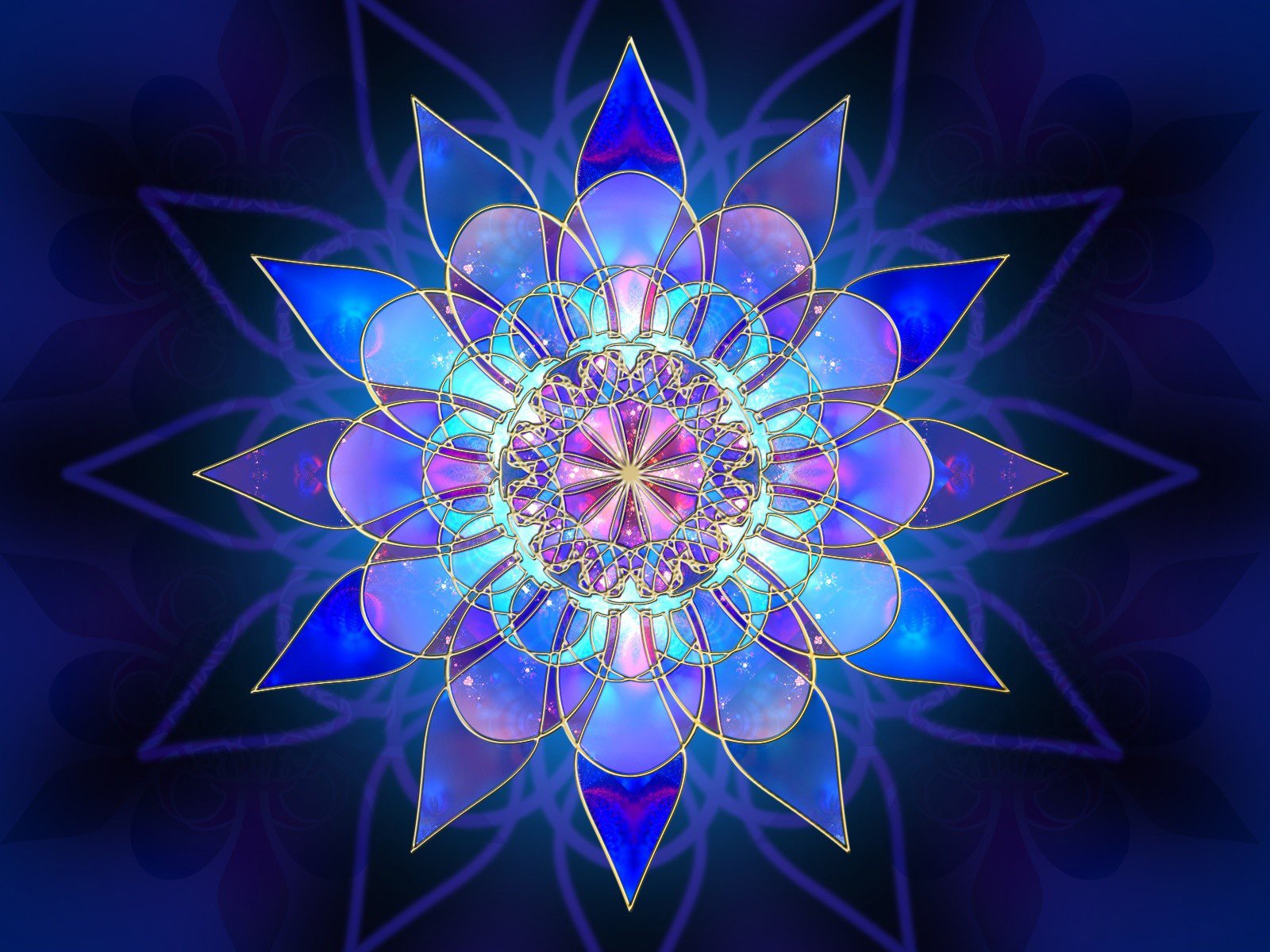 Vibrant digital art featuring an intricate, glowing blue and purple mandala design, presented as an HD PC desktop wallpaper and background.