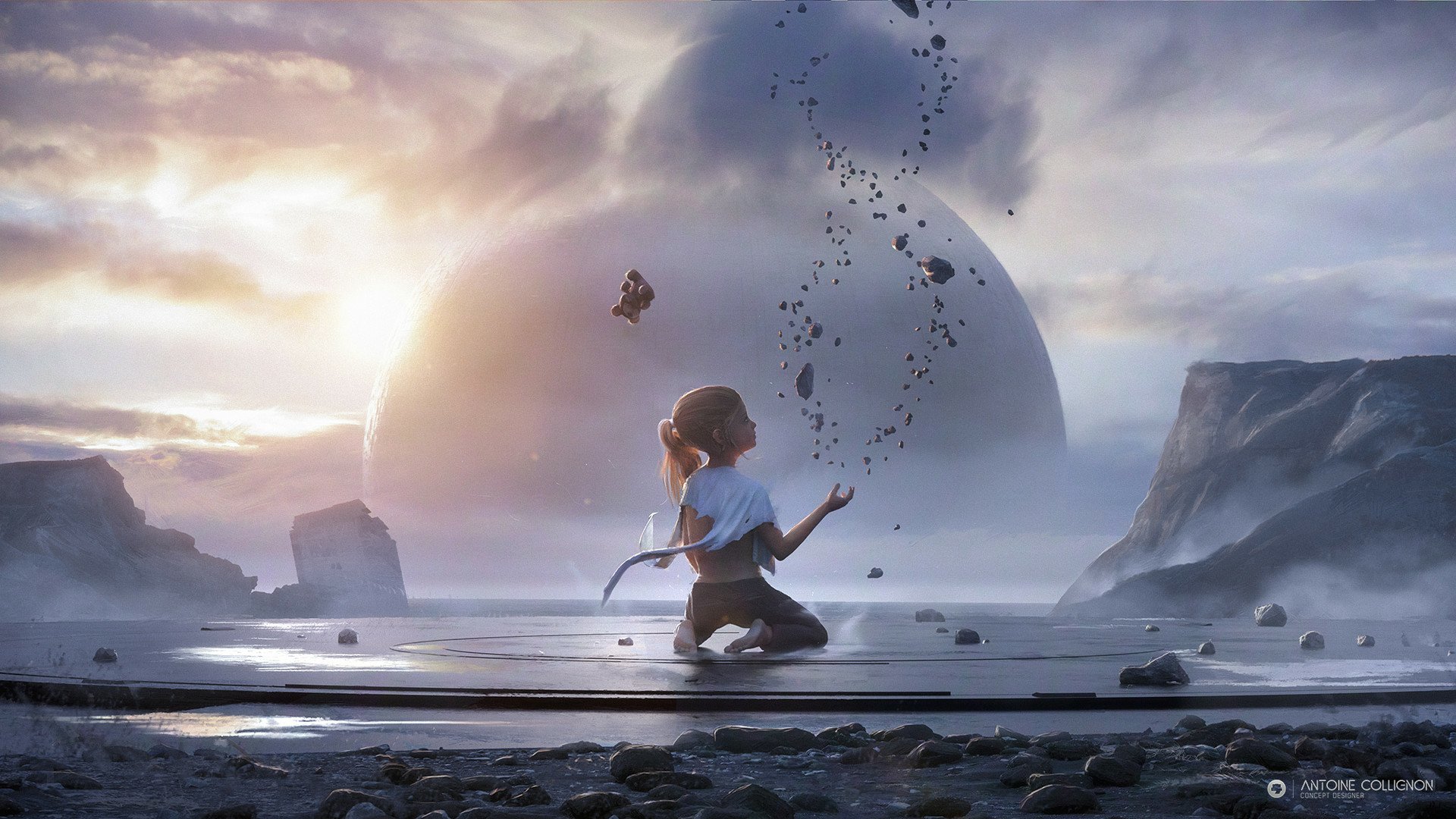 HD desktop wallpaper featuring a little girl in a magical, fantasy landscape with floating rocks and a glowing sky.