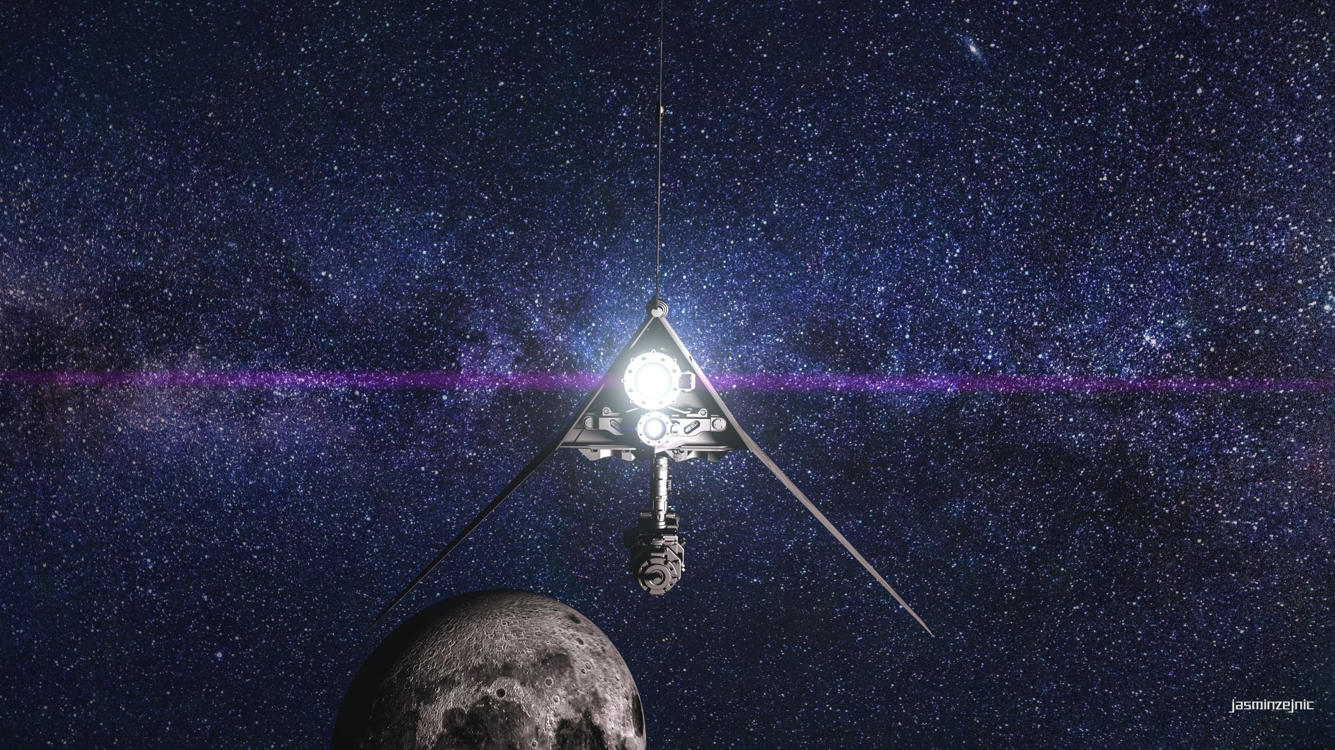 CGI 3D depiction of a T-16 Skyhopper robot in deep space, with stars and a moon-like planet in the background, rendered in 4K Ultra HD for a sci-fi Star Wars theme.