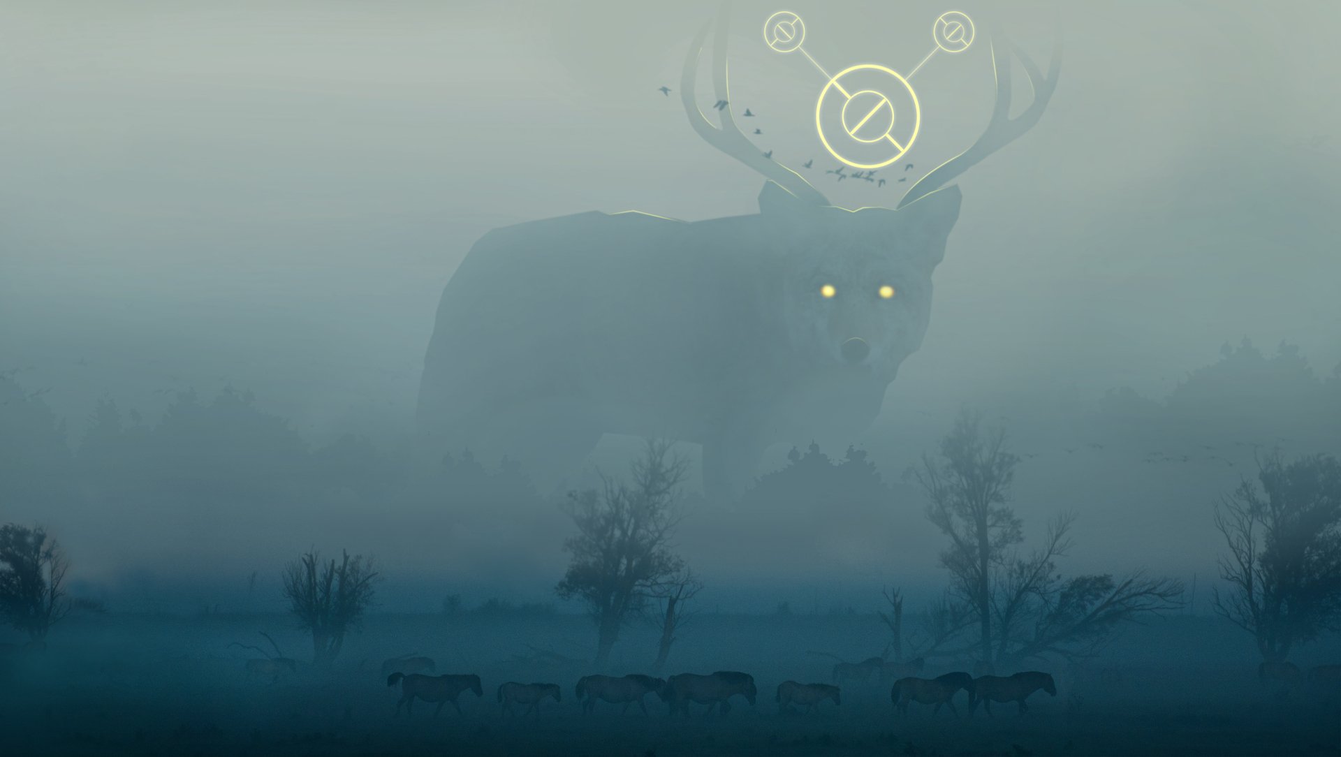 A fantasy spirit horse with glowing eyes and mystical symbols emerges from dense fog in this HD PC desktop wallpaper.