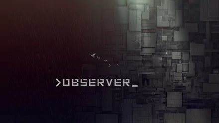 HD desktop wallpaper featuring a textured cube pattern with the word OBSERVER_ and small silhouetted birds flying, embodying a digital, abstract aesthetic.