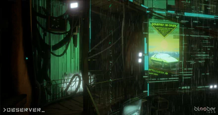 HD wallpaper of a futuristic observer's dark and atmospheric environment with neon lights and a digital display.