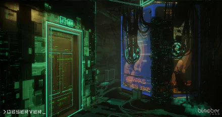 HD desktop wallpaper depicting a futuristic sci-fi environment with neon lights and the word OBSERVER visible.