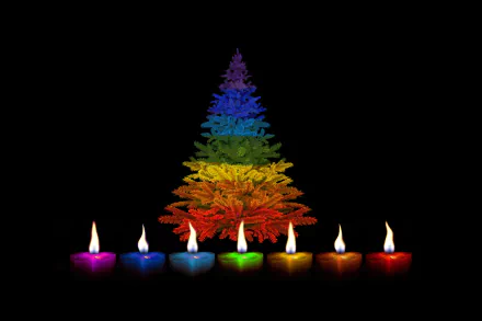 HD desktop wallpaper featuring a colorful Christmas tree with flames on candles in front, creating a vibrant holiday atmosphere.