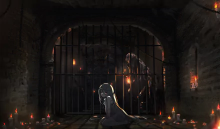 A dark, moody anime HD desktop wallpaper featuring a lone, melancholic character in a dimly lit dungeon surrounded by candles, with a looming figure behind iron bars.