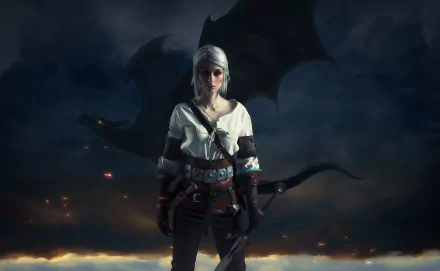 HD PC desktop wallpaper featuring a woman cosplaying Ciri from The Witcher 3: Wild Hunt, set against a dark, dramatic background with a dragon silhouette.