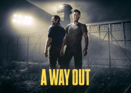 4K Ultra HD PC wallpaper featuring two characters from the video game A Way Out standing back-to-back in a dimly lit prison yard at night.
