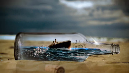 A high-definition desktop wallpaper featuring a ship inside a bottle on sandy ground, symbolizing the Titanic. The image showcases artistic photo manipulation under a cloudy sky.