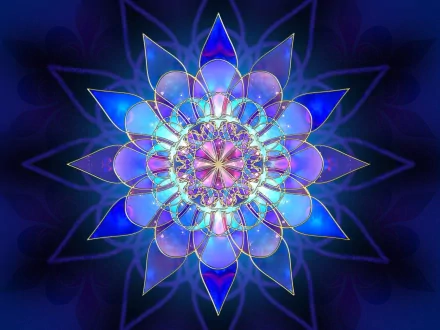 Vibrant digital art featuring an intricate, glowing blue and purple mandala design, presented as an HD PC desktop wallpaper and background.
