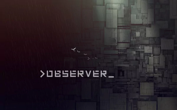 HD desktop wallpaper featuring a textured cube pattern with the word OBSERVER_ and small silhouetted birds flying, embodying a digital, abstract aesthetic.