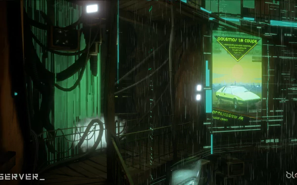 HD wallpaper of a futuristic observer's dark and atmospheric environment with neon lights and a digital display.